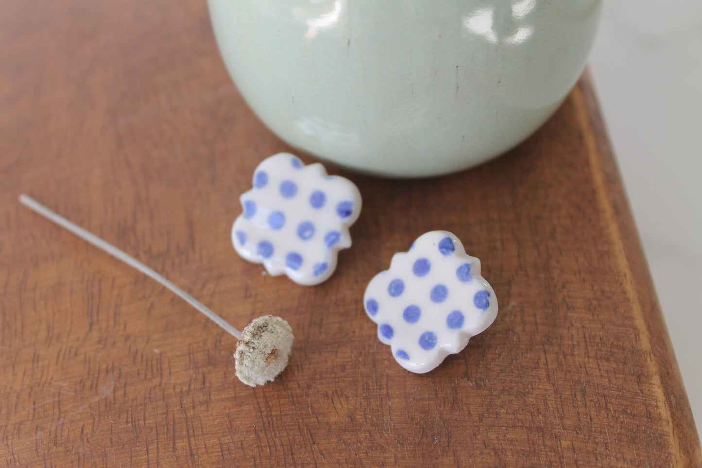 Blue polka dot geometric porcelain stud earring