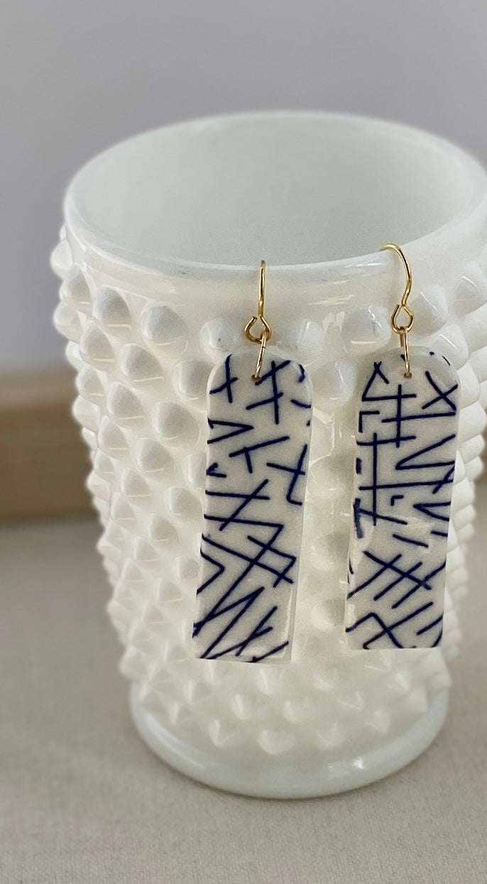"Pick up Sticks" Modern white and blue geometric porcelain hanging earring
