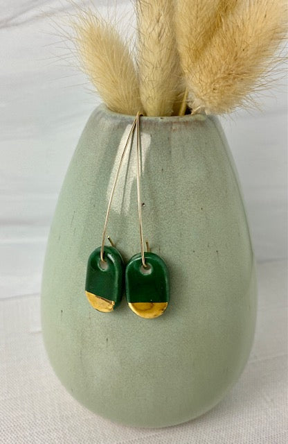 Hunter Green and Gold Dip Oval Geometric Hanging Earring