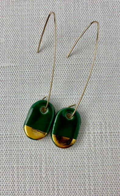 Hunter Green and Gold Dip Oval Geometric Hanging Earring