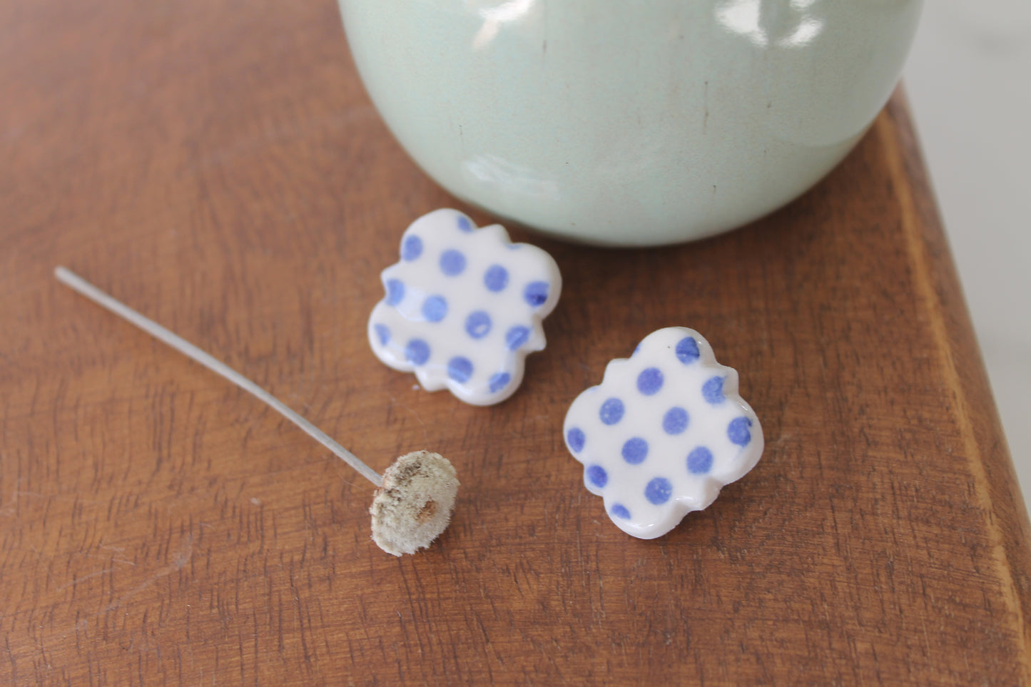 Blue polka dot geometric porcelain stud earring