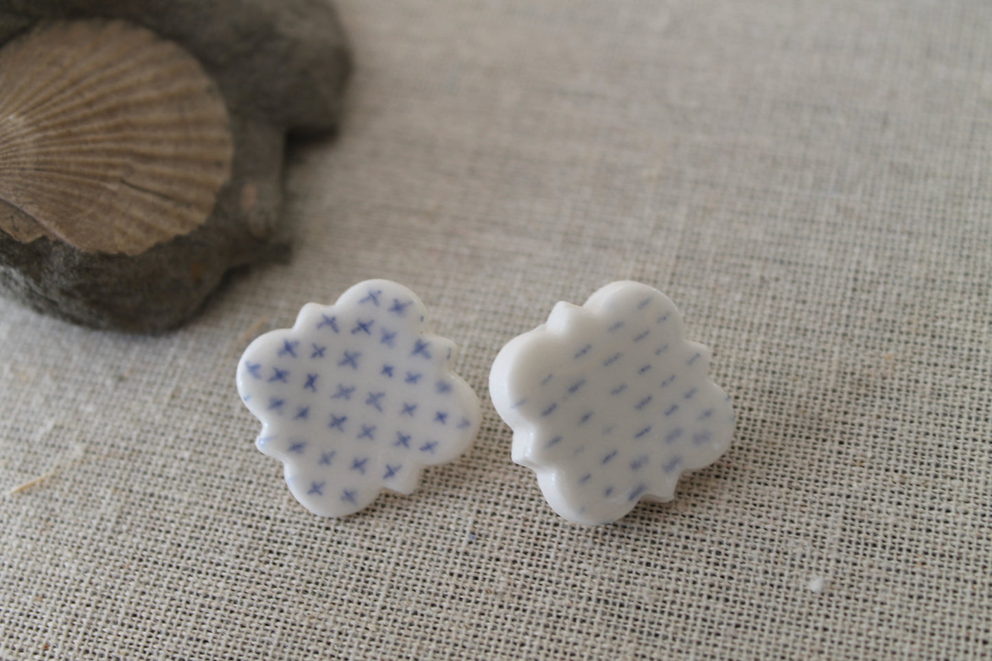 Geometric blue and white porcelain earring.