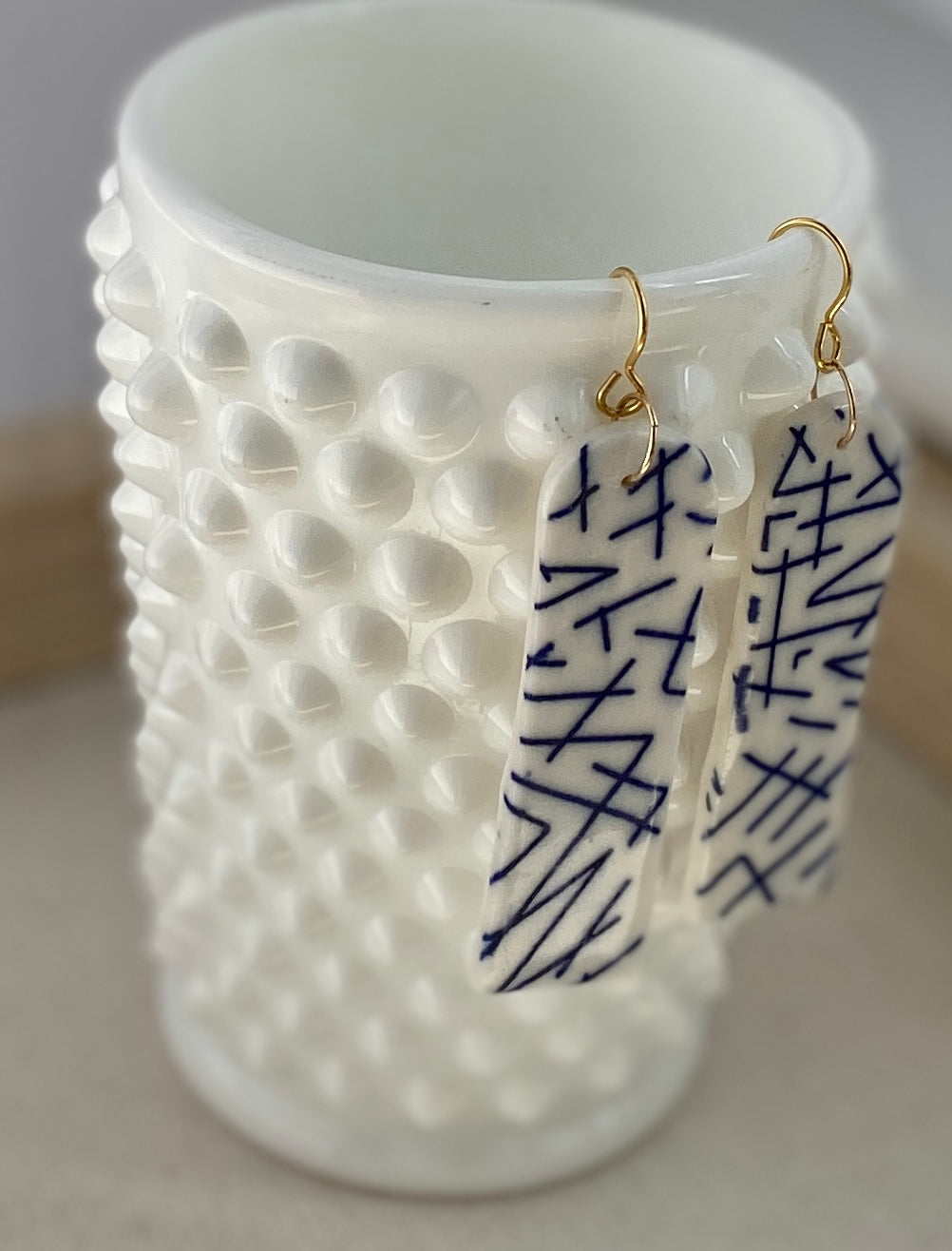 "Pick up Sticks" Modern white and blue geometric porcelain hanging earring