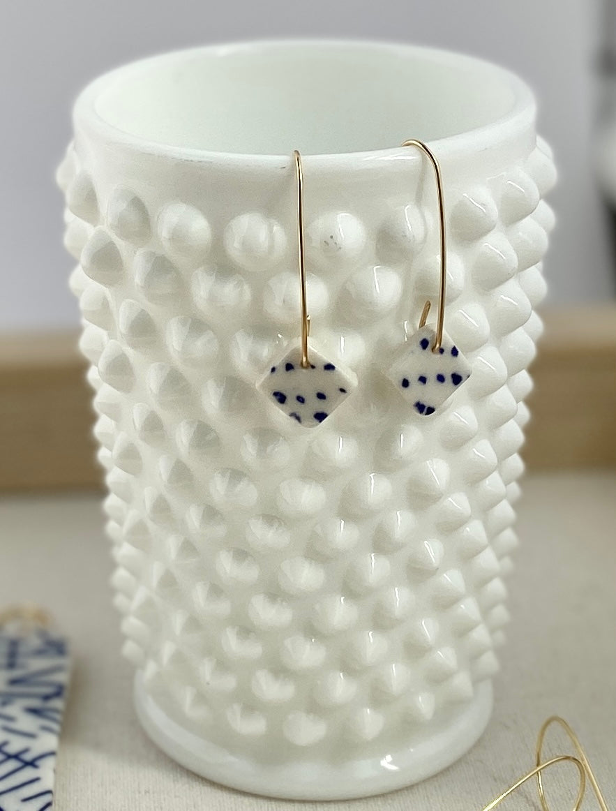 Speckled geometric Porcelain Drop Earring. Blue and White. Delicate