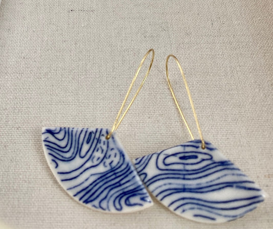 Porcelain geometric Blue and White Fan shaped hanging earring. "Topographic"