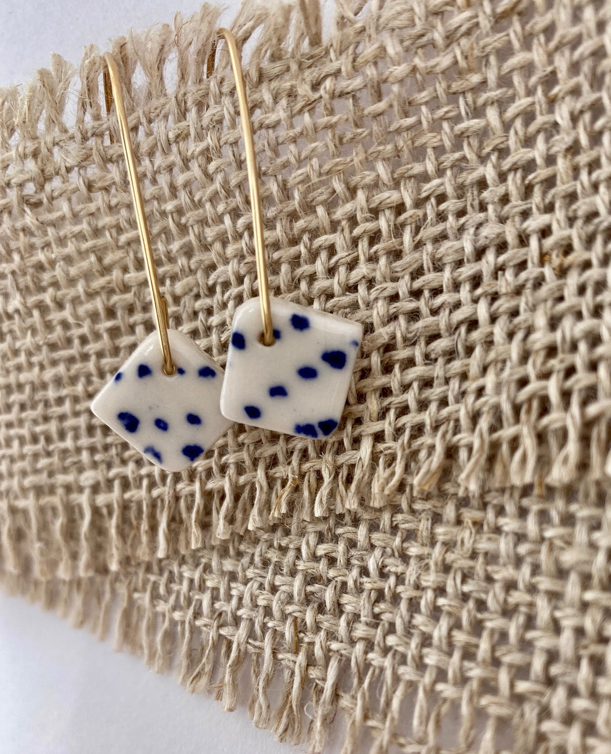 Speckled geometric Porcelain Drop Earring. Blue and White. Delicate